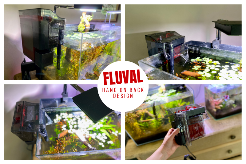 Fluval C2 Hang on Back Filter collage showing all angles of the filter hanging on a rimless tank